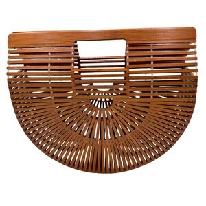 Cult Gaia Style Bamboo Ark Clutch Bag Brown Wooden Half Moon